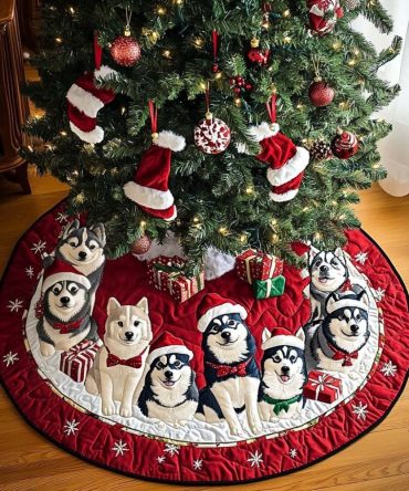 Huskies In Santa Hats Red Tree Skirt - Festive Crimson Holiday Skirt, Custom Made With Plush Accents For Cozy Décor