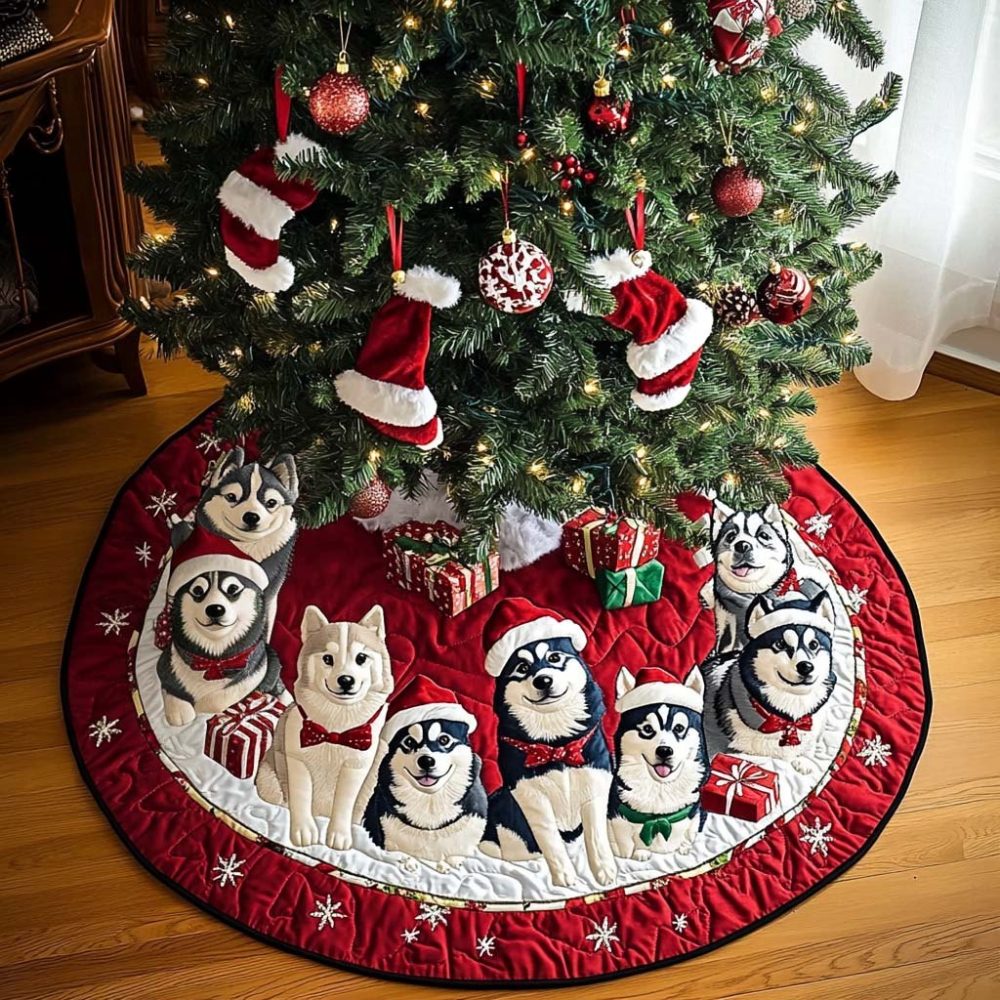 Huskies In Santa Hats Red Tree Skirt - Festive Crimson Holiday Skirt, Custom Made With Plush Accents For Cozy Décor