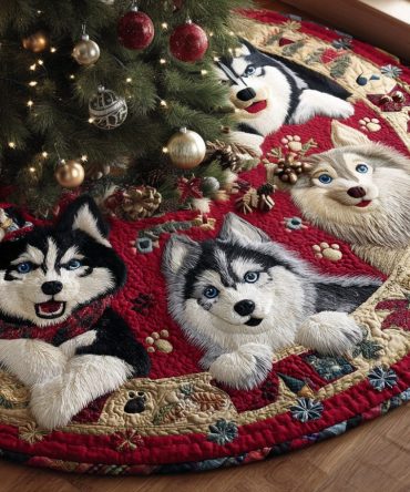 Arctic Husky Winter Tree Skirt - Custom 'Husky Magic' Holiday Décor, Plush Faux Fur Accent, Made-To-Order