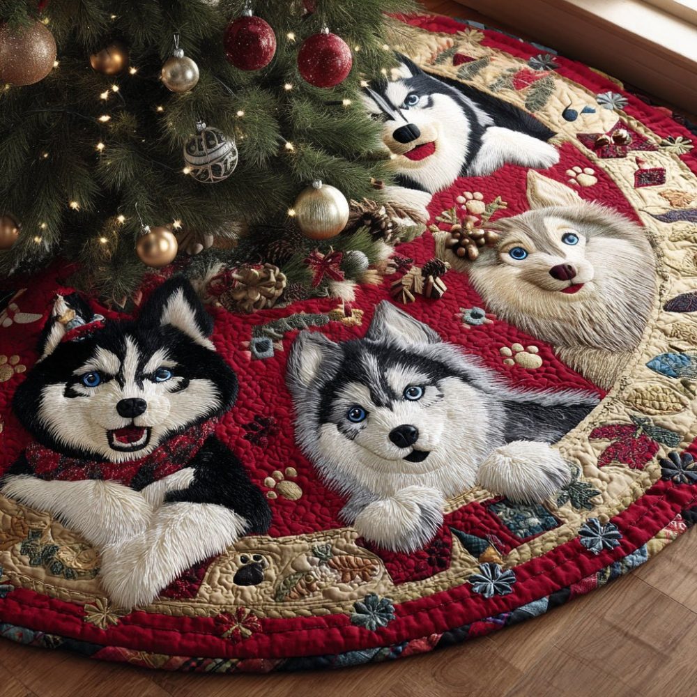 Arctic Husky Winter Tree Skirt - Custom 'Husky Magic' Holiday Décor, Plush Faux Fur Accent, Made-To-Order