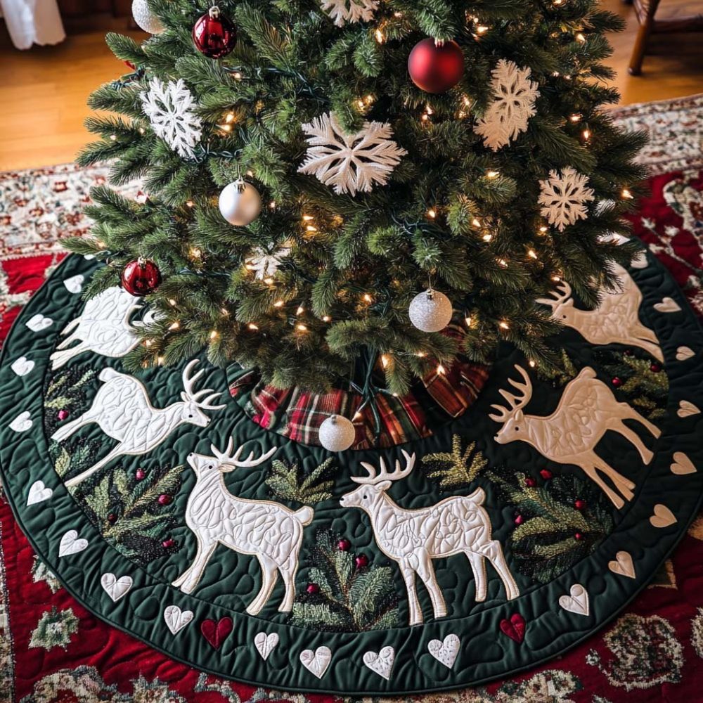 Festive Green-Hem Reindeer Christmas Tree Skirt - Custom Holiday Décor, Plush Fabric, Hand-Stitched & Ready To Order