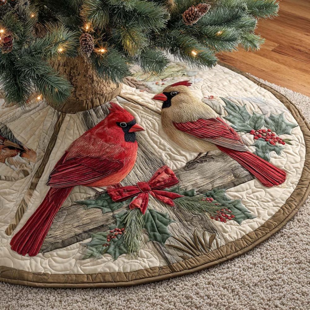 Winter Meadow Duet Deer Christmas Tree Skirt — Handcrafted Pair Of Deer In Snow Holiday Skirt, Custom Meadow-Themed Decor