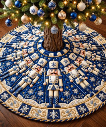 Winter Nutcracker Deluxe Christmas Tree Skirt — Vintage Nutcracker Holiday Skirt, Quilted Plush, Custom Fit Options