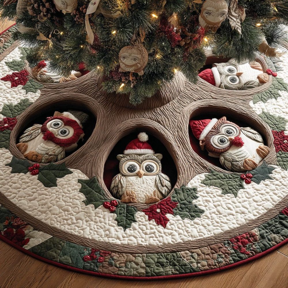 Handmade Winter Owl Harmony Tree Skirt — Custom Owl Christmas Tree Collar, Woodland Holiday Decor With Personalization Options