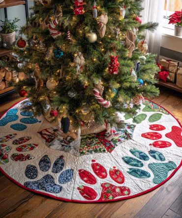 Paw Prints Color Wedge Tree Skirt — Custom Pet-Themed Christmas Tree Collar With Colorful Wedge Panels, Handmade & Personalizable