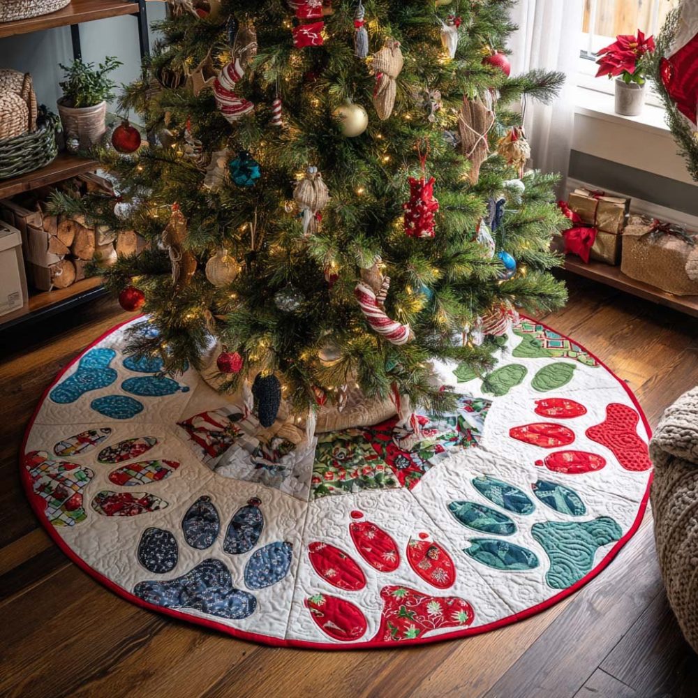 Paw Prints Color Wedge Tree Skirt — Custom Pet-Themed Christmas Tree Collar With Colorful Wedge Panels, Handmade & Personalizable