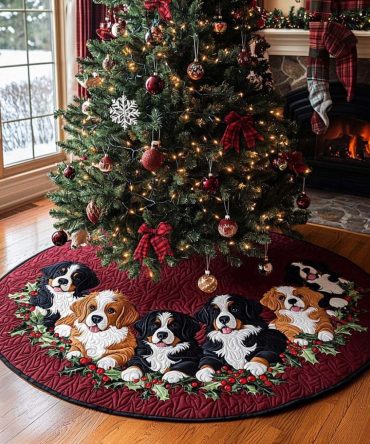 Cavalier & Bernese Wreath Tree Skirt — Custom Holiday Dog Breed Collar, Handmade Cavalier King Charles & Bernese Mountain Dog Christmas Skirt