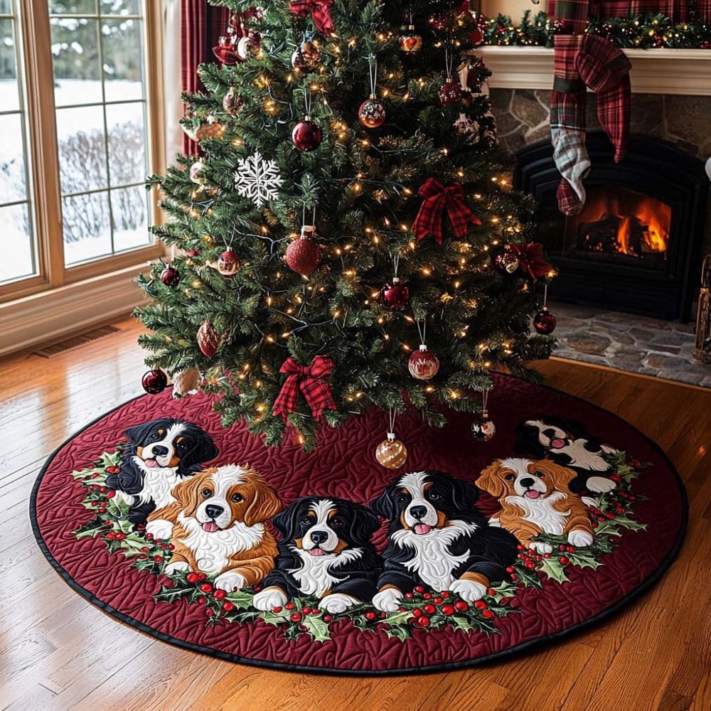 Cavalier & Bernese Wreath Tree Skirt — Custom Holiday Dog Breed Collar, Handmade Cavalier King Charles & Bernese Mountain Dog Christmas Skirt