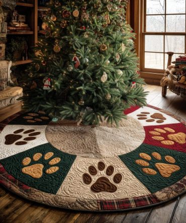 Winter Pawsteps Tree Skirt — Custom Pet Paw Holiday Tree Collar, Handmade Durable Christmas Floor Protector (Personalize Name/Color)