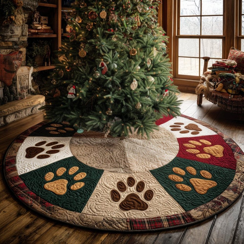 Winter Pawsteps Tree Skirt — Custom Pet Paw Holiday Tree Collar, Handmade Durable Christmas Floor Protector (Personalize Name/Color)