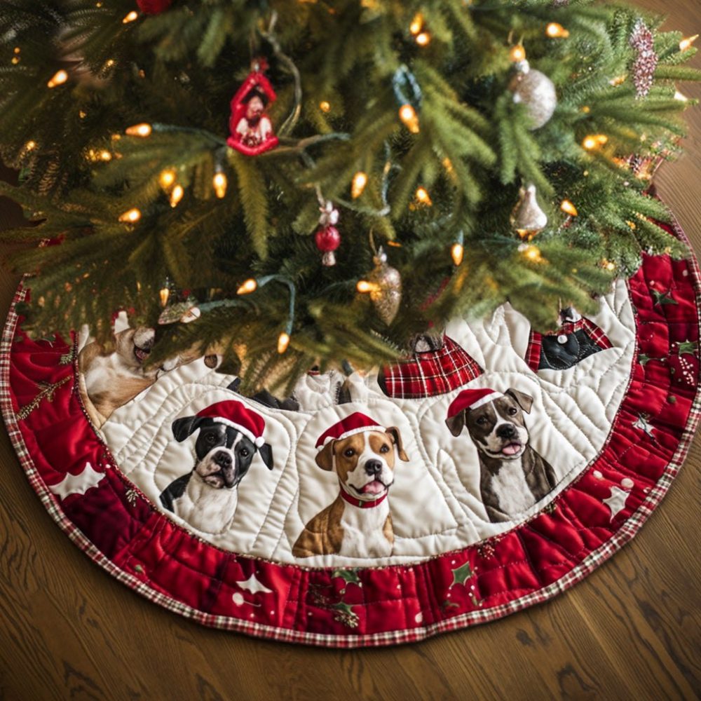 Custom Pitbull Holiday Tree Skirt — Handmade 'Pitbull Companions' Christmas Collar, Personalized Pet-Lover Christmas Décor (Various Sizes)