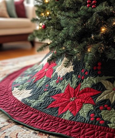 Custom Poinsettia Holiday Tree Skirt — Handmade Red & Green Christmas Tree Collar, Personalized Festive Decor (Multiple Sizes)