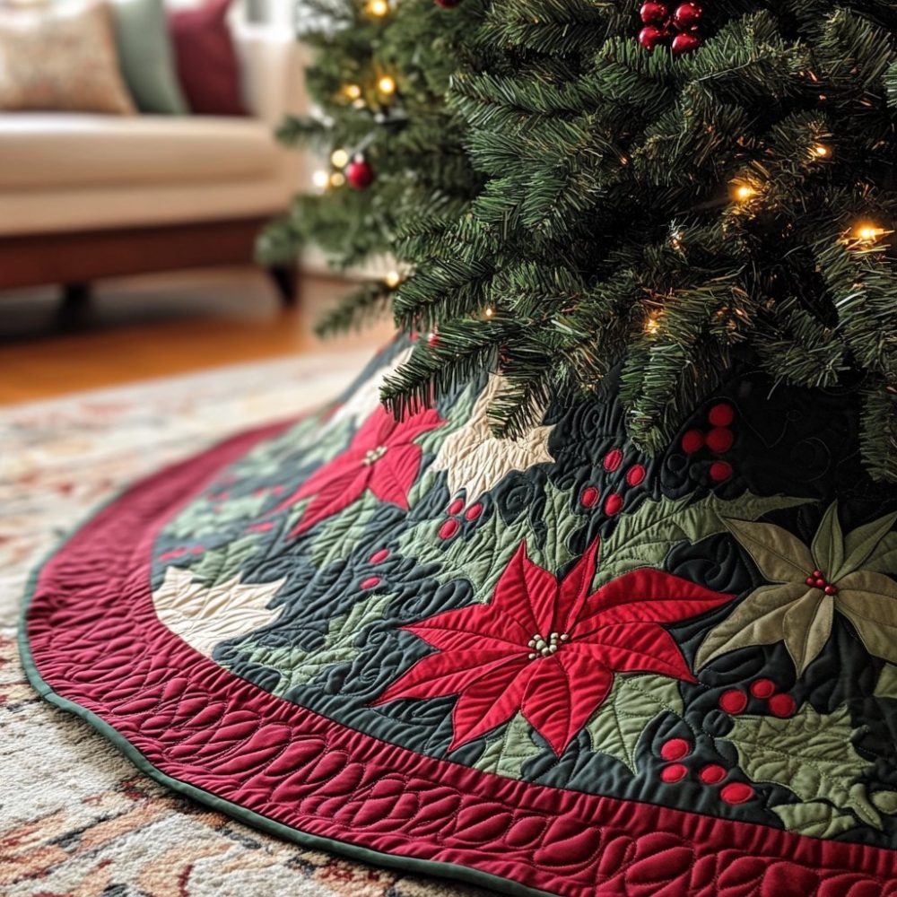 Custom Poinsettia Holiday Tree Skirt — Handmade Red & Green Christmas Tree Collar, Personalized Festive Decor (Multiple Sizes)