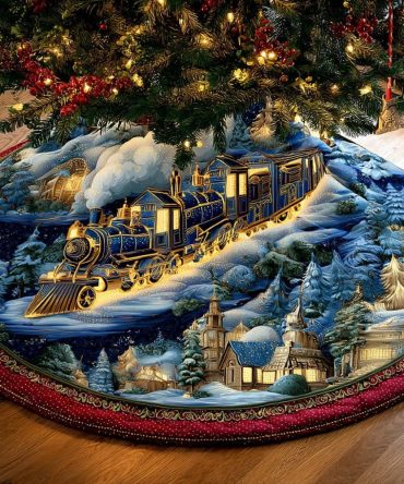 Vintage Railway Holiday Tree Skirt — Train Motif Handmade Christmas Skirt, Custom Sizes, Perfect For Nostalgic Holiday Scenes