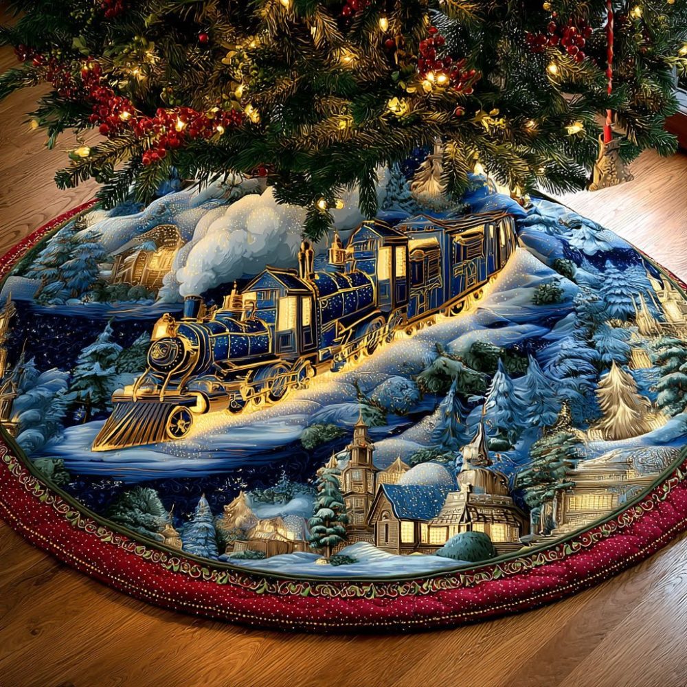 Vintage Railway Holiday Tree Skirt — Train Motif Handmade Christmas Skirt, Custom Sizes, Perfect For Nostalgic Holiday Scenes