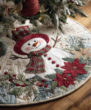 Handmade Snowman Tree Skirt With Red Scarf — Custom Christmas Tree Collar, Cozy Winter Décor & Personalized Gift Options