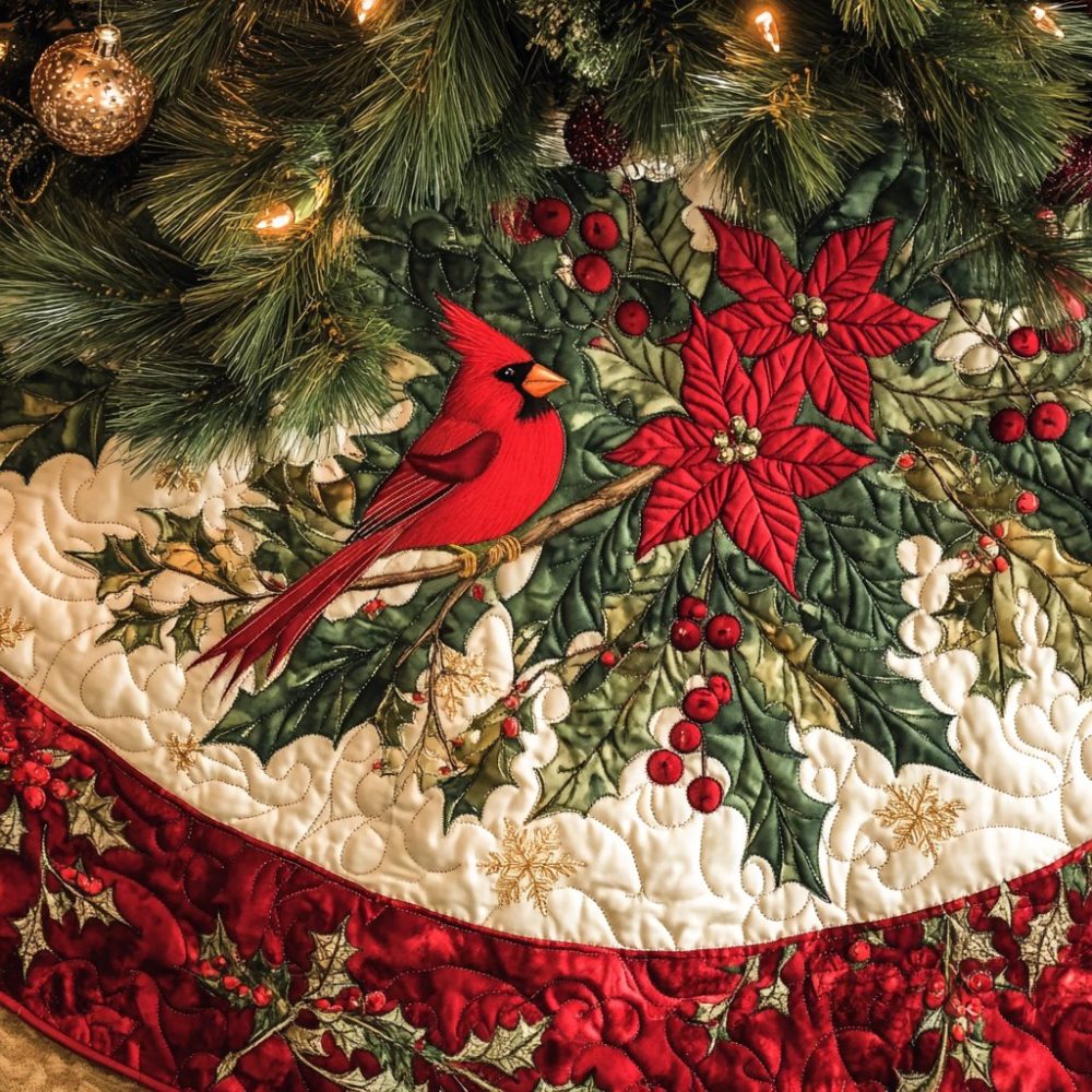 Redbirds Festive Tree Skirt — Cardinal & Redbird Christmas Skirt, Handmade Custom Sizes For Bright Holiday Décor