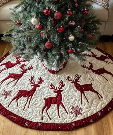 Reindeer Magic Holiday Tree Skirt — Enchanting Reindeer Design, Handmade Christmas Tree Skirt With Custom Size & Trim Options