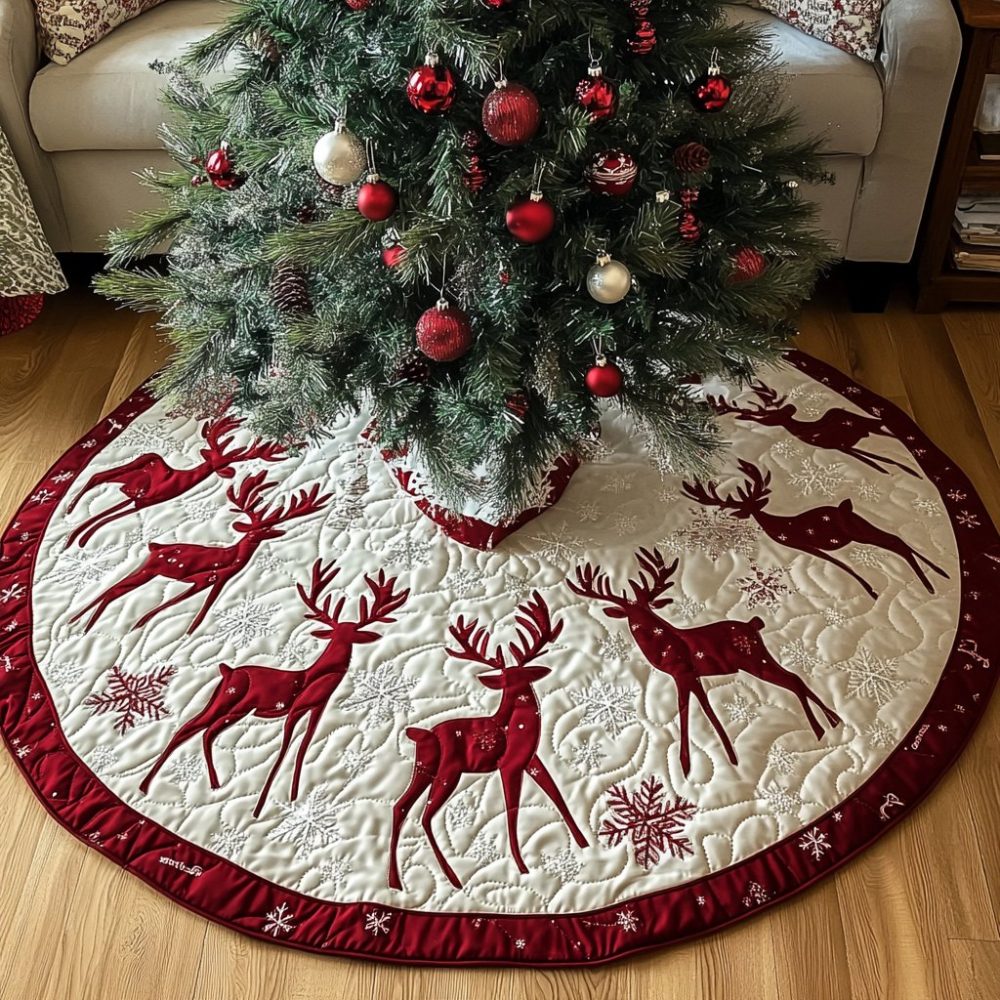 Reindeer Magic Holiday Tree Skirt — Enchanting Reindeer Design, Handmade Christmas Tree Skirt With Custom Size & Trim Options
