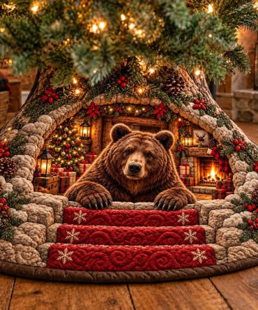 Fireside Bear Red Steps Christmas Tree Skirt — Cozy Rustic Holiday Base, Handcrafted Quilting, Custom Fit & Warm Cabin Decor