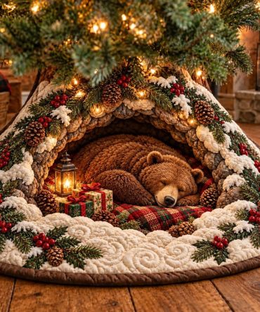 Handcrafted Sleeping Bear Snowy Den Christmas Tree Skirt — Cozy Winter Woodland Holiday Decor, Custom Sized & Quilted Finish
