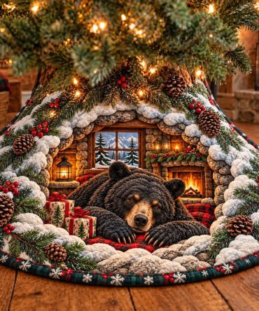 Black Bear Cabin Hearth Christmas Tree Skirt — Custom Rustic Holiday Base, Quilted Heavy-Duty Fabric, Tailored For Any Tree