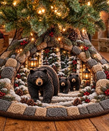 Black Bear Cubs Lantern Path Christmas Tree Skirt — Handcrafted Woodland Holiday Runner, Quilted, Custom Sizes For Rustic Home