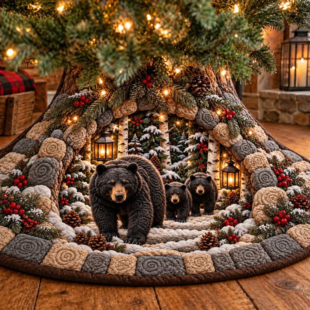 Black Bear Cubs Lantern Path Christmas Tree Skirt — Handcrafted Woodland Holiday Runner, Quilted, Custom Sizes For Rustic Home