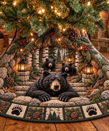 Custom Black Bear Family Paw Border Tree Skirt — Personalized Rustic Christmas Skirt, Quilted Edge, Durable Holiday Floor Cover