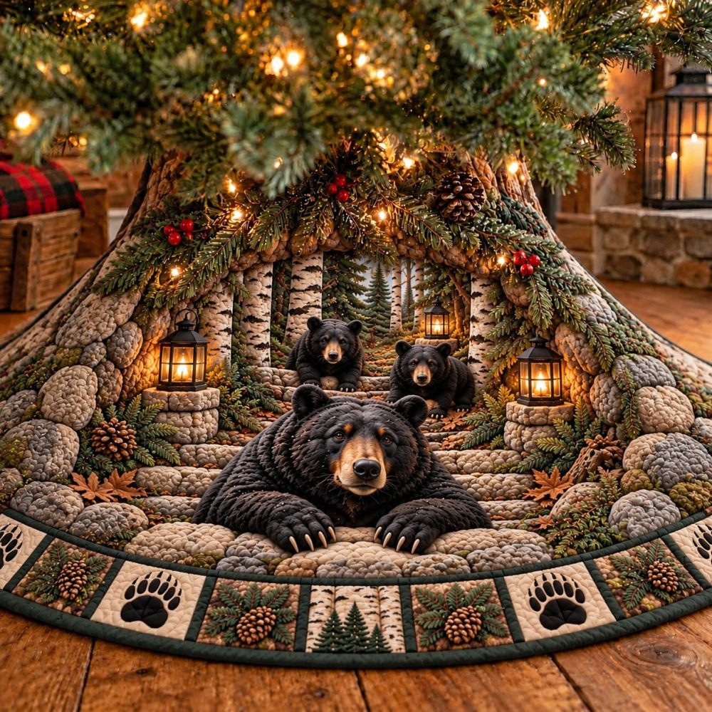 Custom Black Bear Family Paw Border Tree Skirt — Personalized Rustic Christmas Skirt, Quilted Edge, Durable Holiday Floor Cover