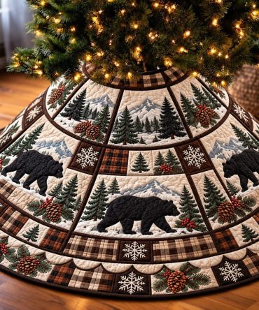 Custom Black Bear Plaid Christmas Tree Skirt — Rustic Quilted Holiday Decor, Premium Fabric, Tailored Fit For Any Tree