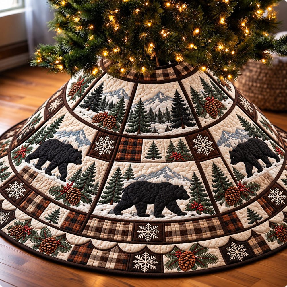 Custom Black Bear Plaid Christmas Tree Skirt — Rustic Quilted Holiday Decor, Premium Fabric, Tailored Fit For Any Tree