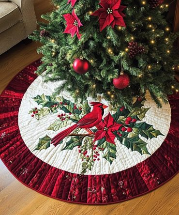 Scarlet Messenger Cardinal Tree Skirt — Vibrant Red Handcrafted Christmas Tree Skirt, Made-To-Order With Personalized Options