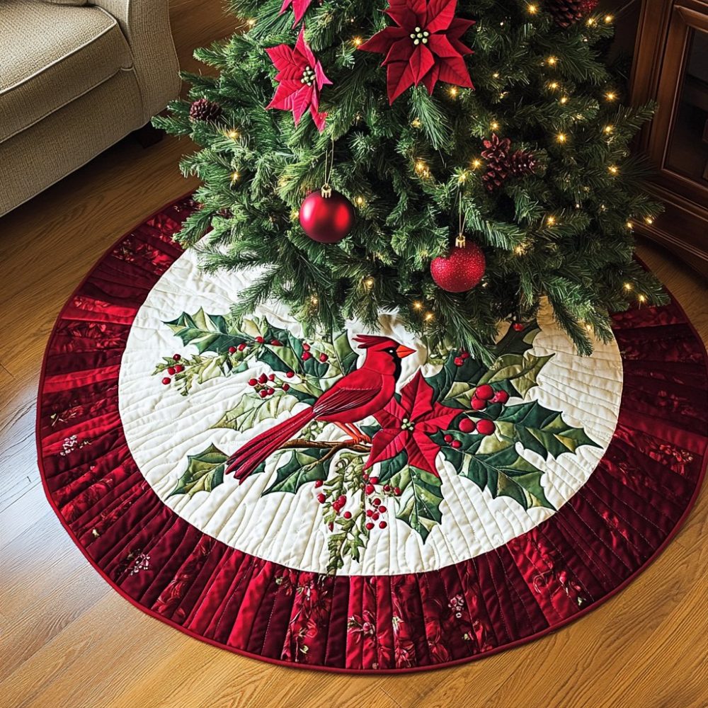 Scarlet Messenger Cardinal Tree Skirt — Vibrant Red Handcrafted Christmas Tree Skirt, Made-To-Order With Personalized Options