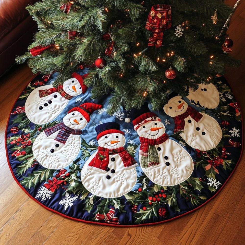 Festive Snowman Tree Skirt — Handmade Appliqué Christmas Tree Skirt, Custom Sizes, Charming Holiday Centerpiece