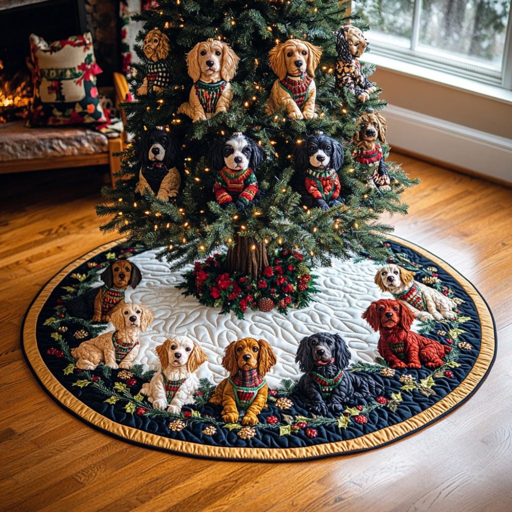 Winter Spaniel Dreams Tree Skirt — Luxurious Spaniel Dog Holiday Skirt, Custom Handmade Christmas Tree Base Cover