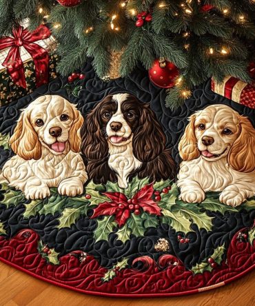 Handcrafted Winter Spaniel Tale Tree Skirt — Cute Spaniel Dog Holiday Tree Base, Custom Pet Lover Christmas Décor