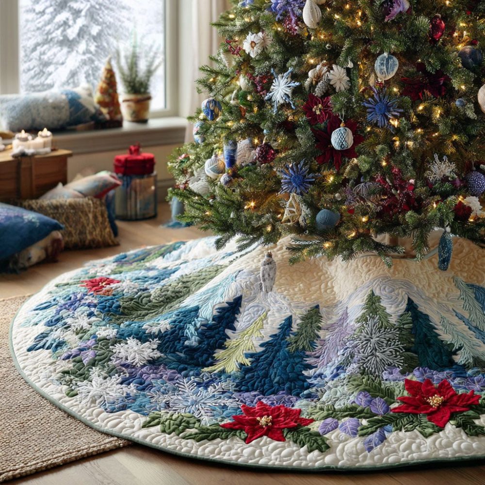 Handmade Winter Treescape Christmas Tree Skirt — Serene Snow-Covered Forest Design, Custom Holiday Tree Base Cover