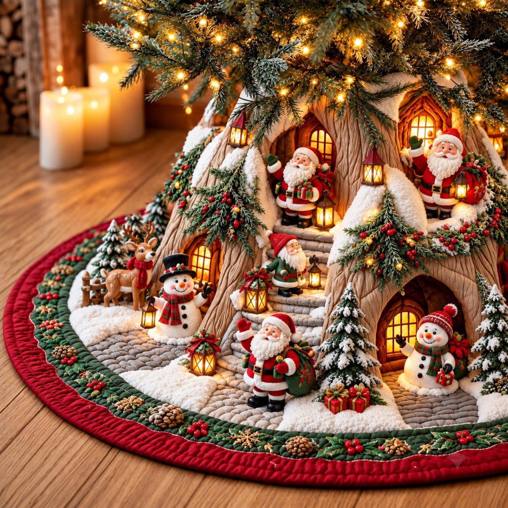 Handcrafted Winter Village Christmas Tree Skirt — Made-To-Order Holiday Base, Custom Cozy Village Scene, Limited Run