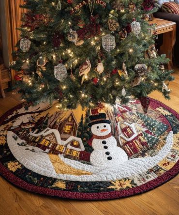 Winter Village Snowman Christmas Tree Skirt — Handcrafted Festive Tree Base With Charming Snowman Village Appliqués