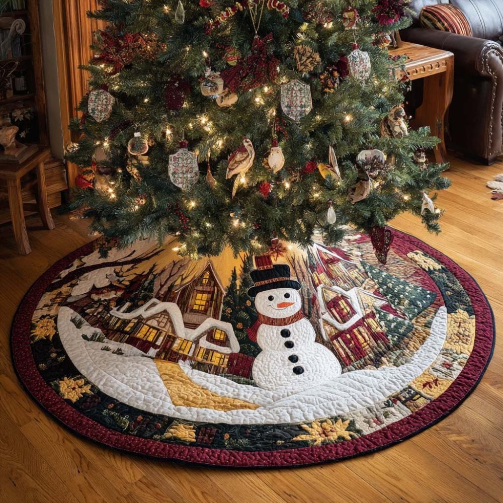 Winter Village Snowman Christmas Tree Skirt — Handcrafted Festive Tree Base With Charming Snowman Village Appliqués