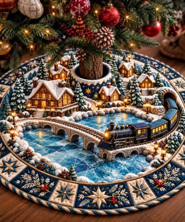 Handcrafted Winter Village Train Christmas Tree Skirt - Custom Holiday Railroad Scene, Made-To-Order Festive Mantel & Tree Accent