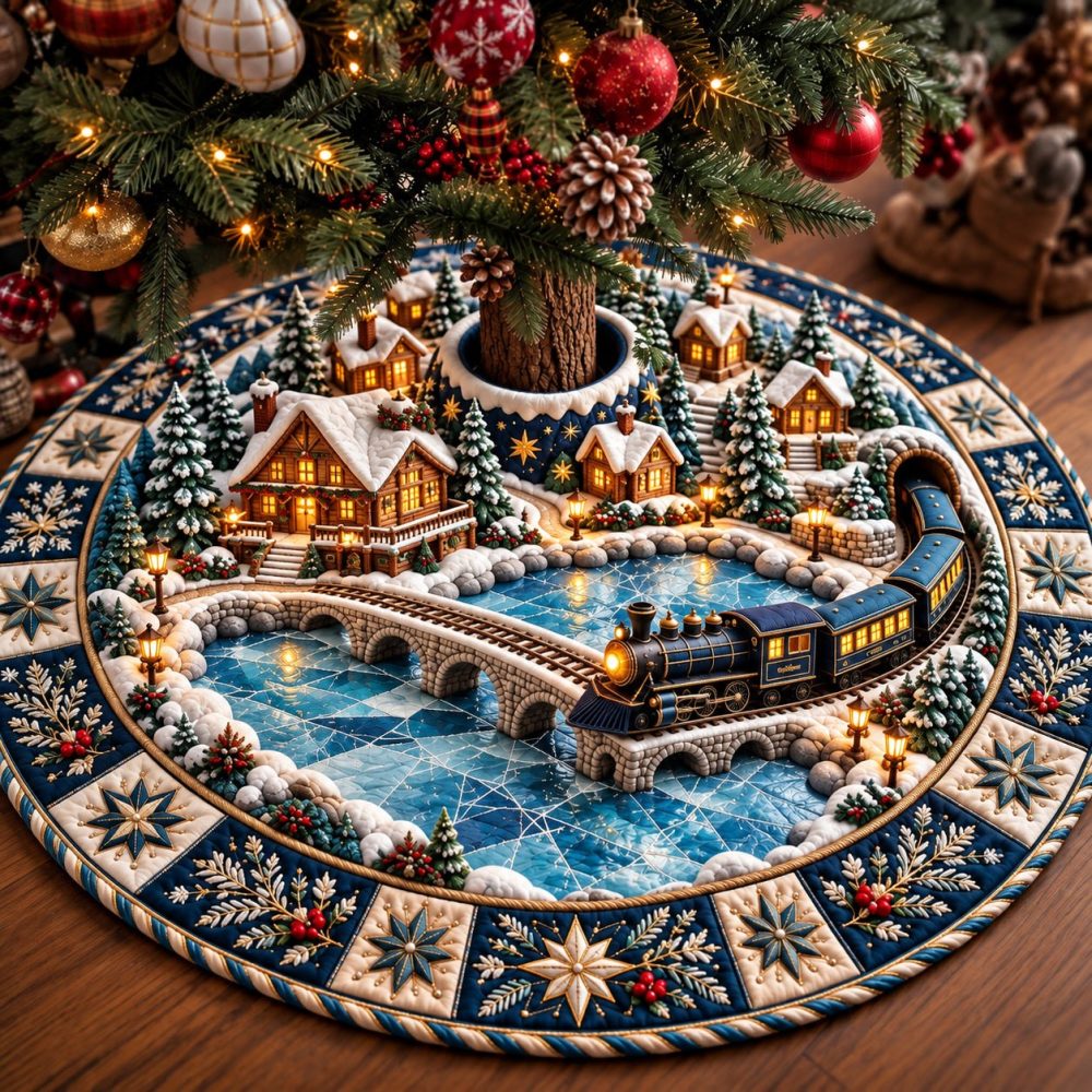 Handcrafted Winter Village Train Christmas Tree Skirt - Custom Holiday Railroad Scene, Made-To-Order Festive Mantel & Tree Accent