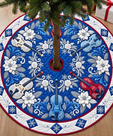 Winter Violin Waltz Tree Skirt — Musical Holiday Design With Violin & Notes, Elegant Velvet, Custom Sizes & Gift-Ready Holiday Decor