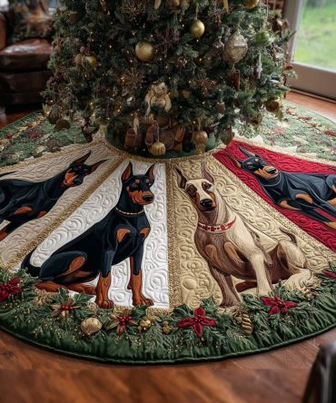 Custom Doberman Dog Christmas Tree Skirt In Ivory Wedge Ring — Handmade Holiday Tree Base For Pet Lovers & Home Décor