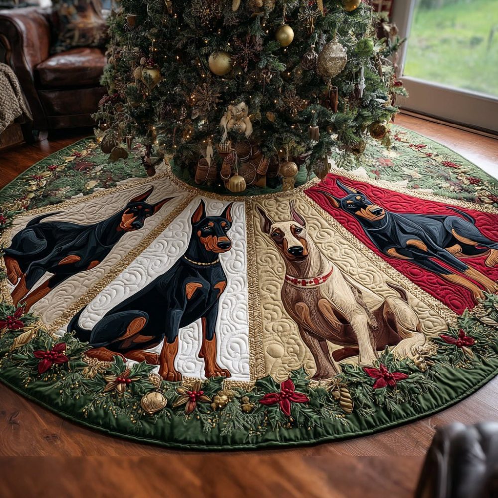Custom Doberman Dog Christmas Tree Skirt In Ivory Wedge Ring — Handmade Holiday Tree Base For Pet Lovers & Home Décor