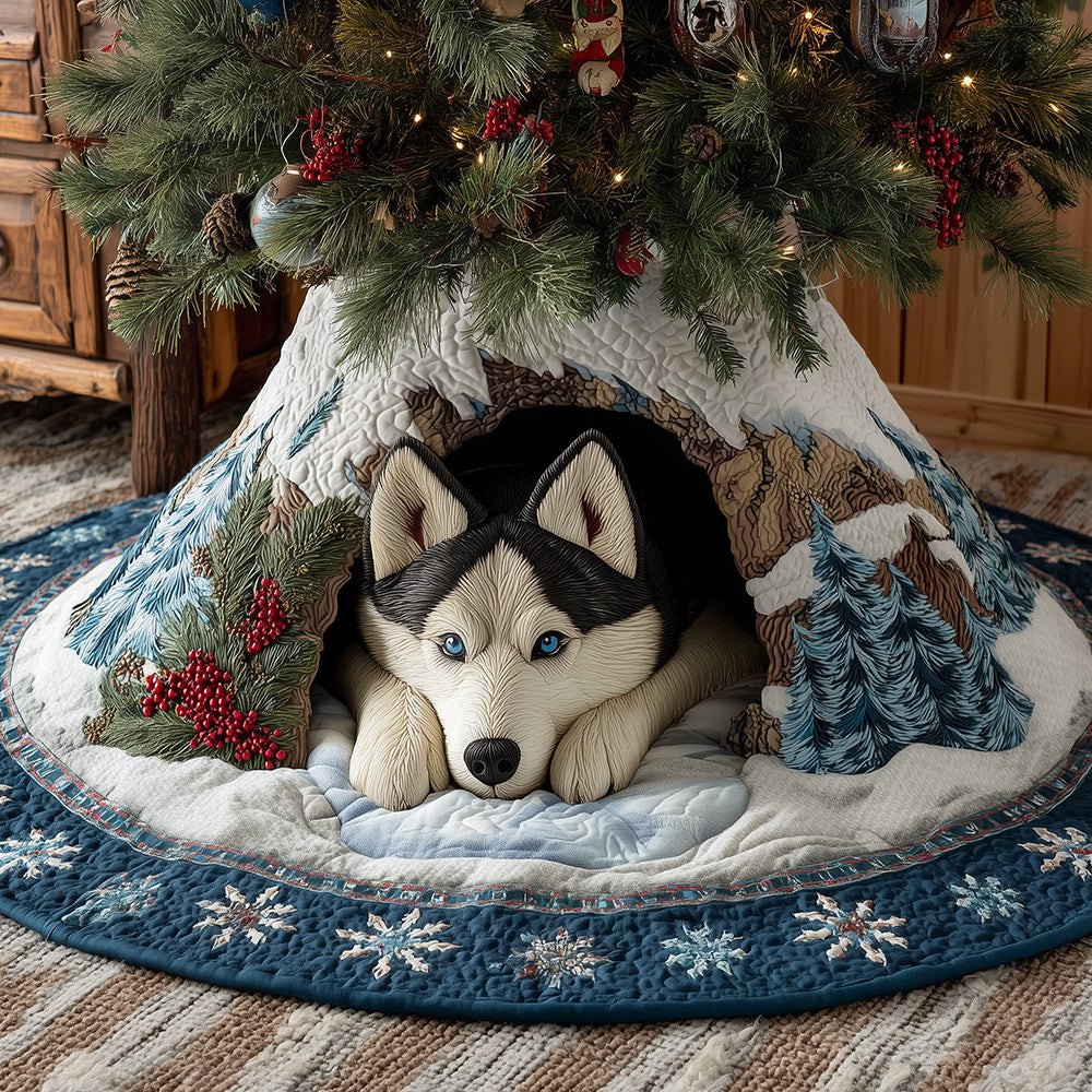 Resting Husky Snow Cave Tree Skirt - Scenic Winter Dog Design, Custom Made-To-Order, Plush Fabric & Durable Finish