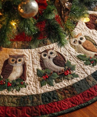 Winter Watchers Snowbird Christmas Tree Skirt — Handcrafted Snow Scene Holiday Skirt, Custom Winter Wildlife Decor