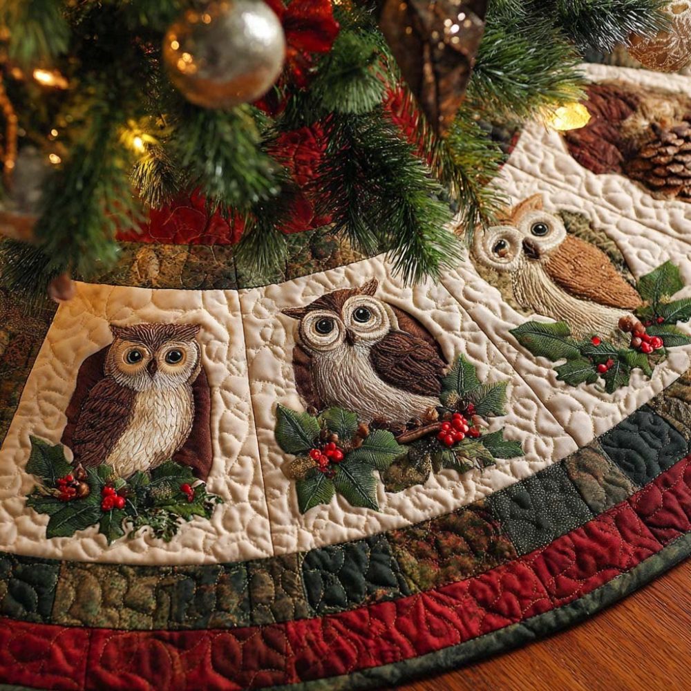 Winter Watchers Snowbird Christmas Tree Skirt — Handcrafted Snow Scene Holiday Skirt, Custom Winter Wildlife Decor