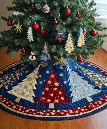 Starry Navy Patch Tree Christmas Skirt — Handmade Night-Sky Holiday Tree Base With Cozy Woodland Appliqué Design
